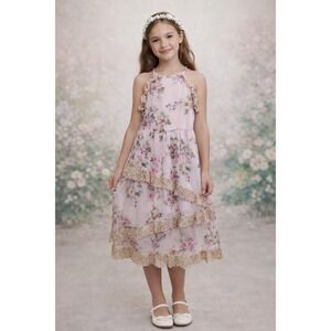 Pink Violet Girls Dress Size 12 Pink Floral Cottagecore Fairycore Boho Spring